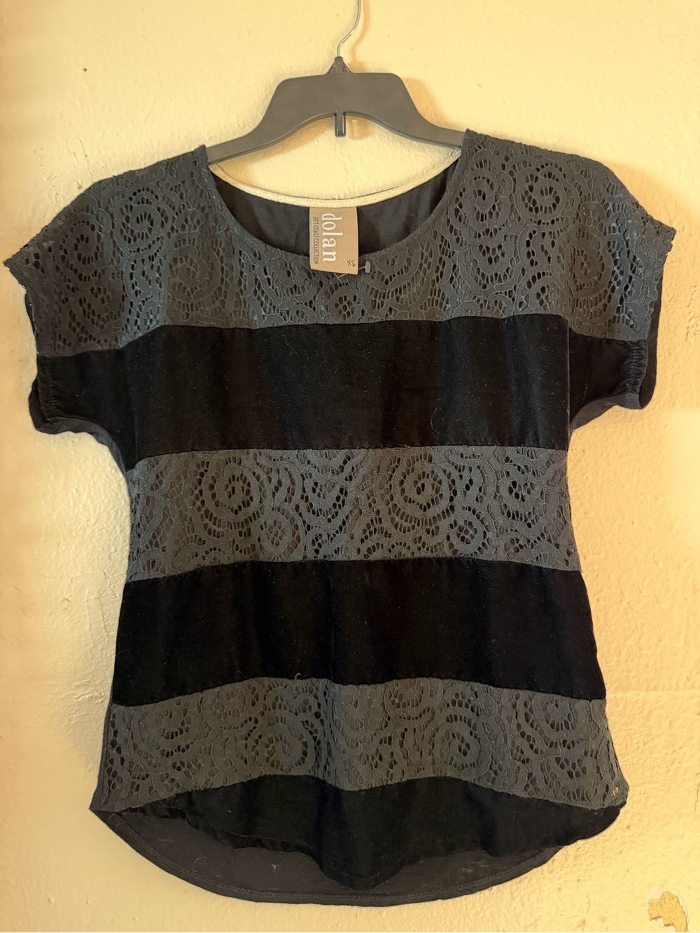 dolan Black and Gray Lace-Striped Short Sleeve Tee